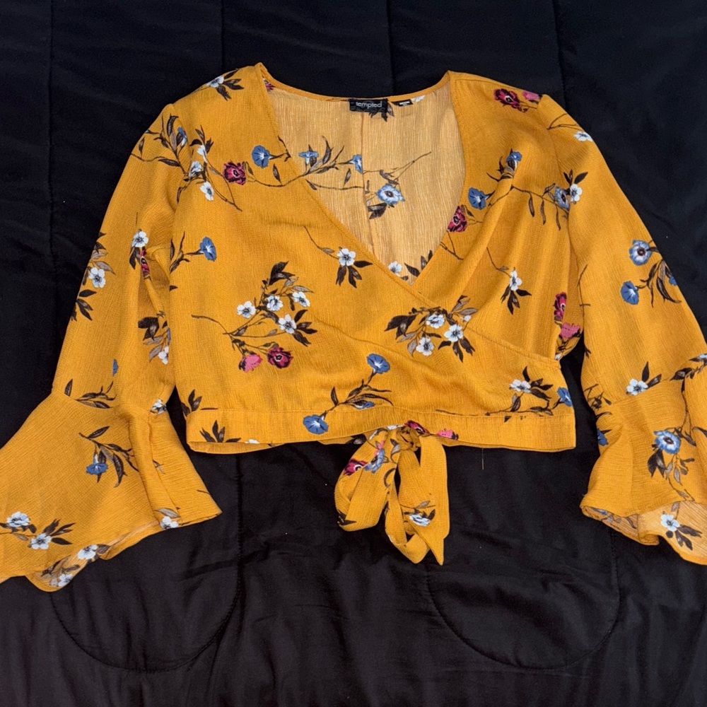 Tempted Mustard Floral Wrap Blouse